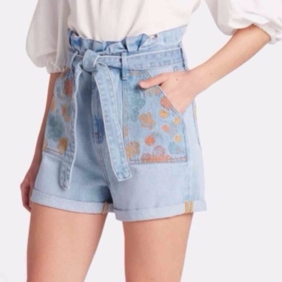 Driftwood Floral Embroidered Paperbag Blue High Waisted Denim Shorts - Picture 6 of 8